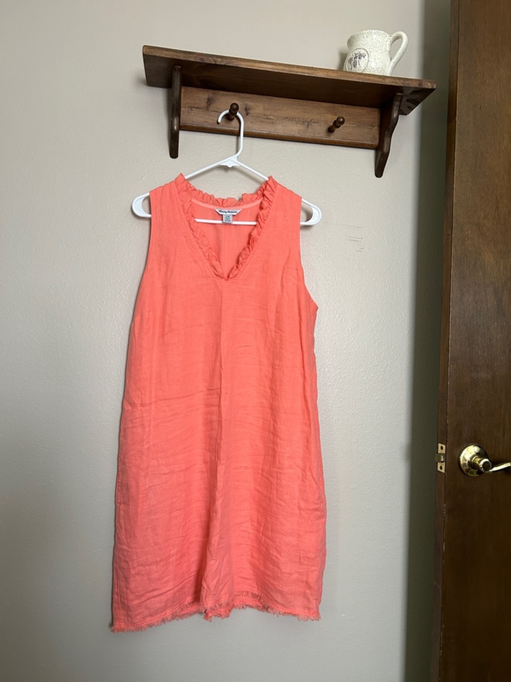 Tommy Bahama Sleeveless Linen Two Palms Ruffle V-Neck Dress Coral Size Large